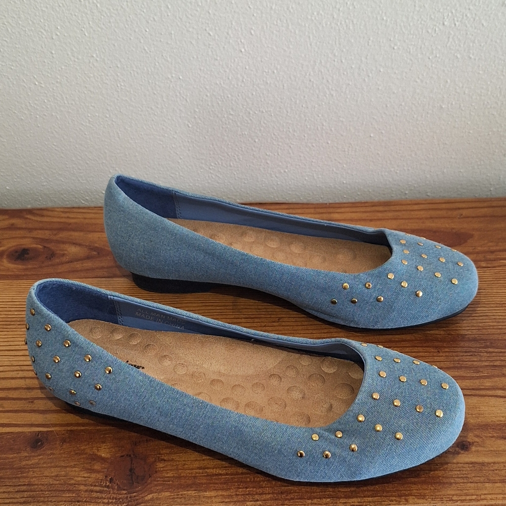 Blue Comfort View Studded Denim Flats Size 8